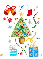 cute hand drawing for new year and christmas, watercolor,..christmas tree, gifts, bells,