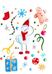 cute hand drawing for new year and christmas, watercolor,..snowman, gifts,  gingerbread man