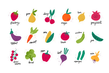 Vegetables and fruits flat vector illustration set. Cartoon agricultural product tomato, corn, carrot, beetroot, broccoli, apple, lemon isolated collection. Autumn harvest. Organic healthy eco product