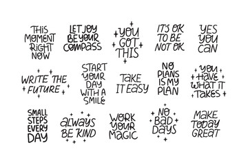 Mental health vector lettering quotes. Mindfulness phrases illustration. Self care hand drawn stickers. Positive motivational isolated saying for awareness day, poster, daily planner, t shirt.