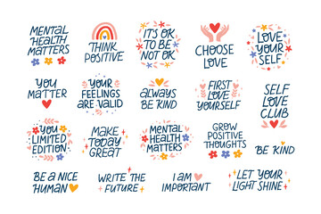 Mental health vector lettering quotes. Mindfulness phrases illustration. Self care and love hand drawn stickers. Positive motivational isolated saying for awareness day, poster, daily planner, t shirt - obrazy, fototapety, plakaty