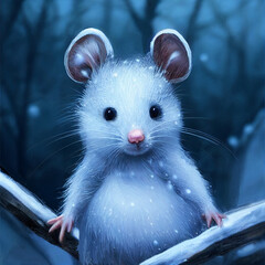 White Mouse in Winter Snow Holding onto Branches | Created Using Midjourney and Photoshop