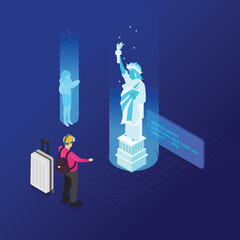 Travel to USA visiting Statue of Liberty in virtual world isometric 3d isometric 3d vector concept for banner, website, illustration, landing page, flyer, etc. © Tri