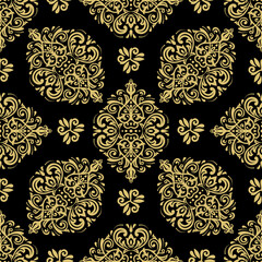 Classic seamless pattern. Damask orient ornament. Classic vintage background. Orient black and golden ornament for fabric, wallpaper and packaging
