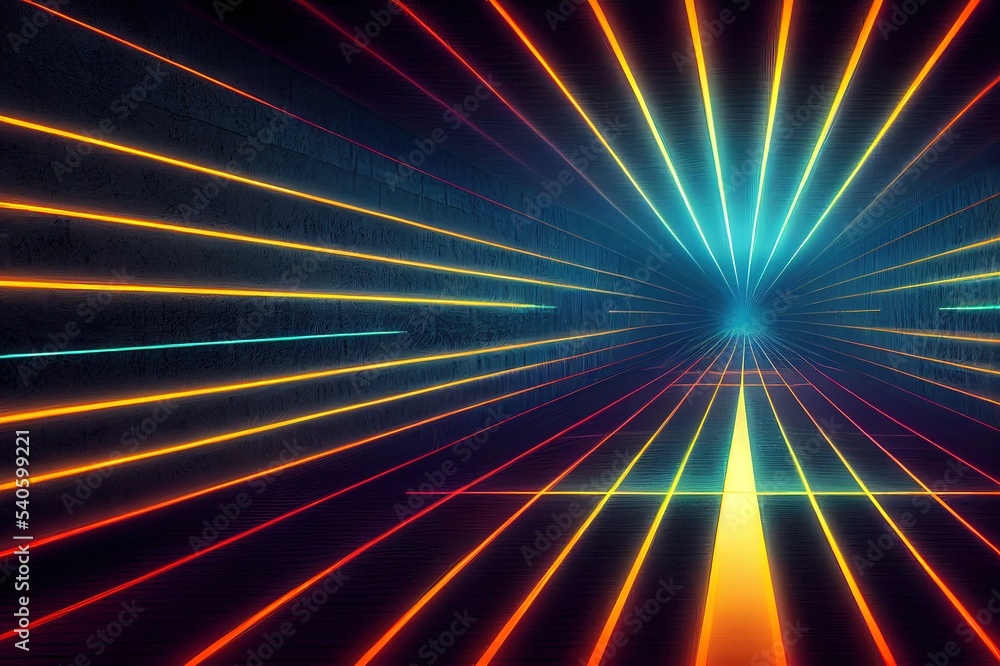 Poster background wall with neon lines and rays. background of an empty dark corridor with neon light. abst