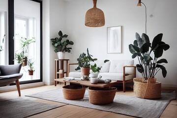 Stylish scandinavian home interior of living room with design wooden commode, rattan basket with plants, teapot, copy space and elegant accessories in modern home decor. Template.