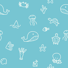 Cute ocean animal cartoon doodle seamless pattern blue background vector illustration design