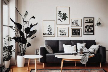 Stylish scandinavian interior of living room with mock up poster frame, wooden console, plants, candels, books, decoration, grunge wall and elegant personal accessories in modern home decor.