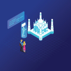 Travel to India visiting Taj Mahal in virtual world isometric 3d vector concept for banner, website, illustration, landing page, flyer, etc.
