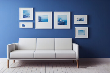 Blue Scandinavian bedroom with three vertical frames in bright design, poster mock up on white wall background, 3d render, 3d illustration