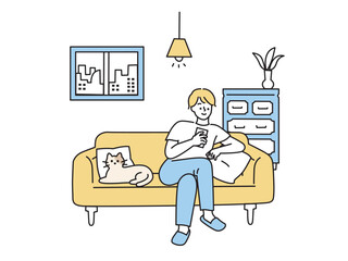 自宅でくつろぐイラスト(休日、ゴロゴロ、インドア)
An illustration to relax at home.Holiday, indoor.