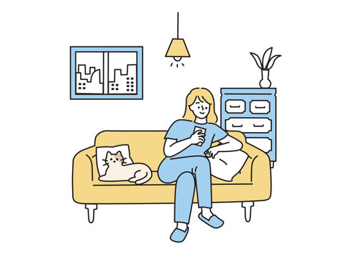 自宅でくつろぐイラスト(休日、ゴロゴロ、インドア)
An illustration to relax at home.Holiday, indoor.