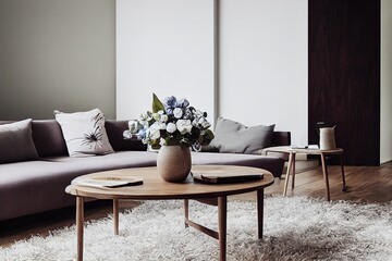 Flowers on wooden coffee table in fashionable living room interior with scandinavian design