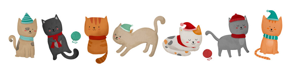 Watercolor cute illustration of Christmas cats wearing knitted scarves and hats in red and green. Illustration of Winter Cats.  .