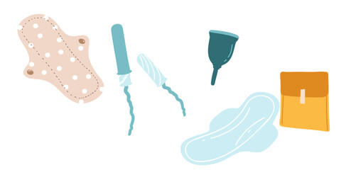 Tampons, pads, menstrual cup. The concept of a regular menstrual cycle in women. menstrual cycle. Feminine hygiene. Flat vector illustration