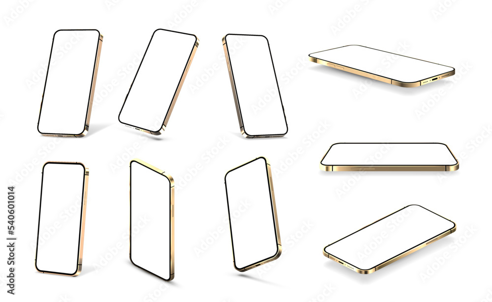 Poster Golden mobile phone mockup with blank touchscreen isolated on white background. 3D realistic smartphone with shadow and glare. Different positions - side view, perspective, isometric. Vector 3D set