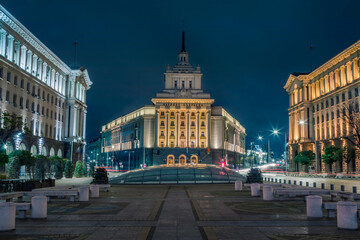 Fototapeta na wymiar Largo ensemble, National Assembly and city lights at night, Sofia, Bulgaria