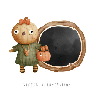 halloween scarecrow with wooden sign, vector illustration