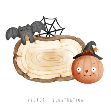 halloween scarecrow with wooden sign, vector illustration