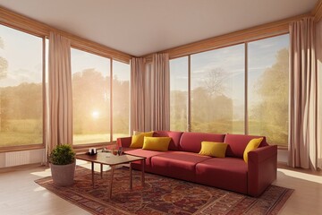 Light relaxing room interior with sofa and armchair, coffee table on carpet, shelf with decoration, hardwood floor. Panoramic window on countryside. 3D rendering