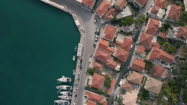 Roofscape Of Vathy Villages In The Ionian Island Of Ithaca In Greece. Aerial Topdown