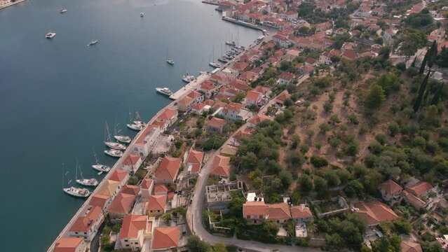 Aerial View Of Vathy Settlements At The Fishing Village On The Greek Ionian Island Of Ithaca In Greece.