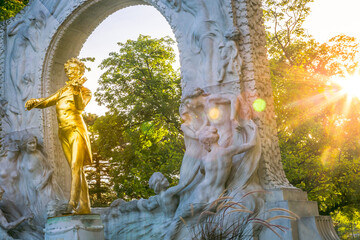 Monument to composer Johann Strauss in Stadtpark at springtime, Vienna, Austria