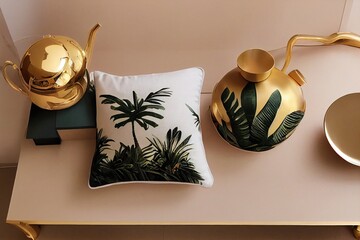 Modern minimal home interior design. Pillows, golden teapot, decorative straw plates, Scandinavian blanket, tropical palm tree, succulent and decorations.