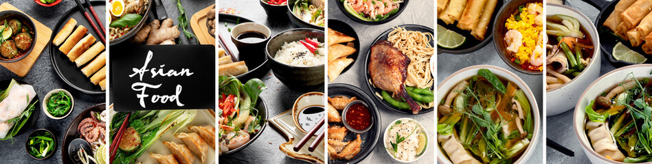 Collage made of assorted Asian dishes and snacks.