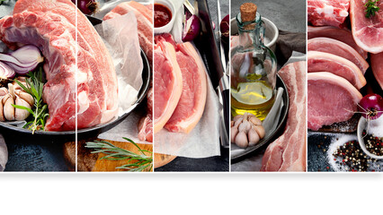 Collage of raw pork meat assortment.