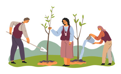 Volunteers planting trees, ecology and nature care