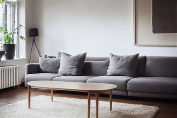 Coffee table in front of grey couch in scandinavian living room
