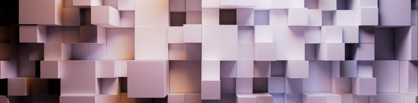 White and Pastel, Multisized Blocks Precisely Arranged to create a Modern Tech Banner. 3D Render.