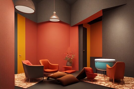 Modern dark interior with commode, chairs and decor in terracotta colors, 3d render