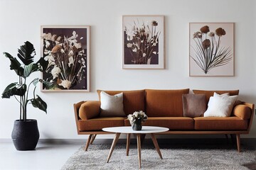 Stylish interior with design neutral modular sofa, mock up poster frames, rattan armchair, coffee tables, dried flowers in vase, decoration and elegant personal accessories in modern home decor.