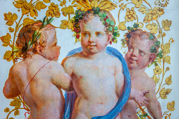 Group of Angels, putti on Old wall fresco painting