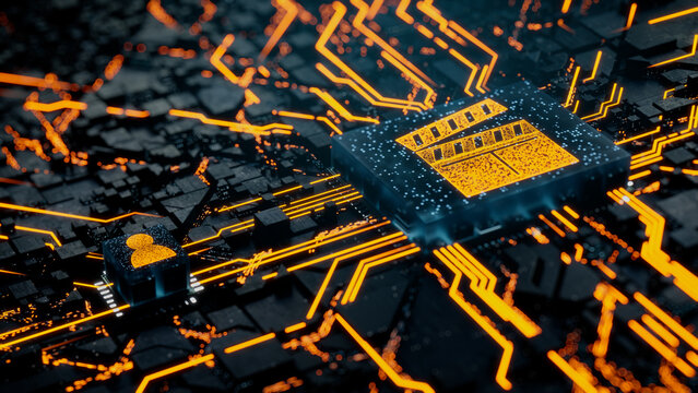 Entertainment Technology Concept with movie symbol on a Microchip. Orange Neon Data flows between the CPU and the User across a Futuristic Motherboard. 3D render.