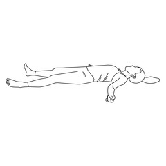 Line art of woman doing Yoga in Savasana pose vector. Girl lying on the floor for cool down her body.