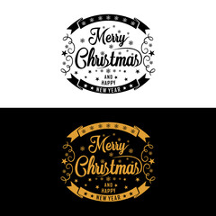Merry Christmas and Happy New Year lettering template. Monochrome greeting card or Winter holidays related typographic quote Vector vintage illustration