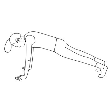 recommend clip art: Line art of woman doing Yoga pose in Chaturanga Dandasana ,four limbed staff vector. girl preparing to push up exercise.