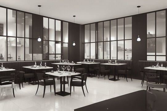 Interior of white and gray modern restaurant, interior background, 3D rendering, 3D illustration
