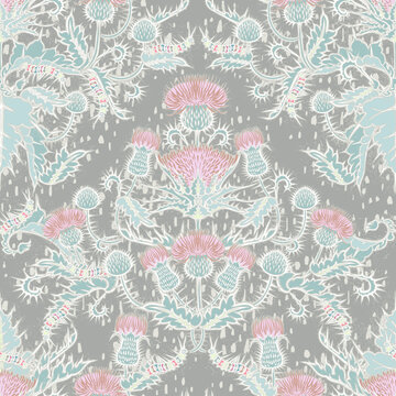 VECTOR REPEAT PATTERN. Damask style thistle garden decorative wallpaper. Traditional vintage victorian antique floral.