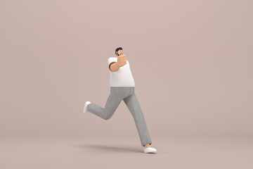 Obraz premium The man with beard wearinggray corduroy pants and white collar t-shirt. 3d illustrator of cartoon character in acting. He is running.