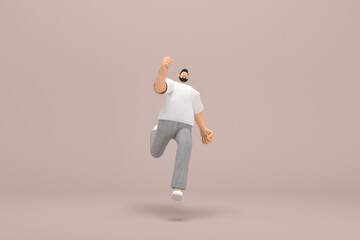 The man with beard wearinggray corduroy pants and white collar t-shirt.  3d illustrator of cartoon character in acting. He is running.