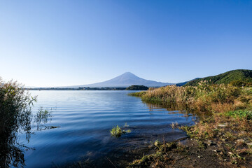 早朝の山梨県河口湖と富士山