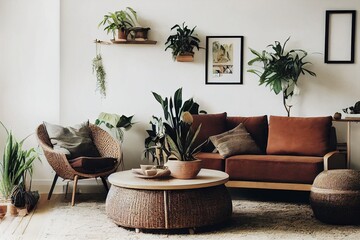 Boho and cozy interior of living room with poster mock up frame, round table, rattan chairs, commode, plants, decoration and accessories. Brown grunge wall. Template. Warm and oriental home decor.
