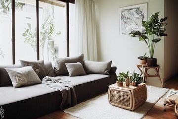 Modern and bohemian composition of interior design with gray sofa, rattan armchair, wooden cube, plaid, pillow, tropical plants, small table and elegant accessories. Stylish home decor. Template.