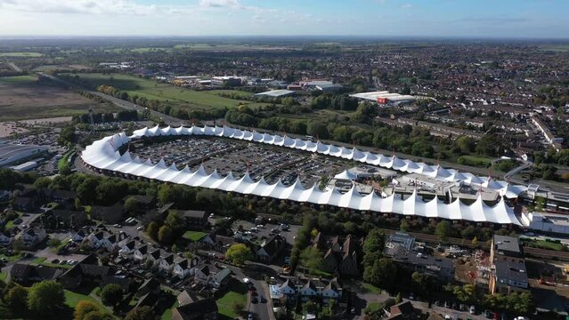 Wide aerial view of Ashford McArthur Glen Designer Outlet, in Ashford, Kent, UK