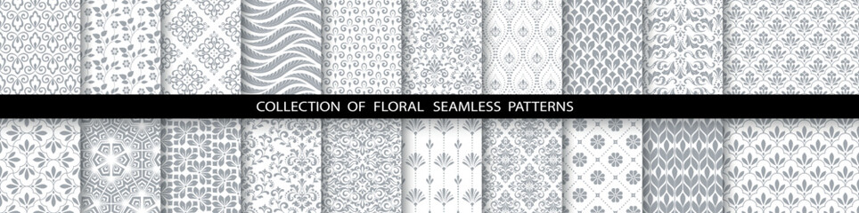Geometric floral set of seamless patterns. White and gray vector backgrounds. Simple illustrations.