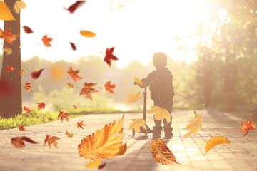 Naklejka na ściany i meble autumn leaves are falling, boy person child happiness
